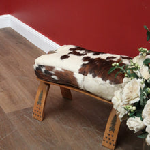 Load image into Gallery viewer, x SOLD Vintage Genuine Cowhide Camel Seat or Saddle Seat, Gilt Brass Mounts, Ottoman or Footstool B11567