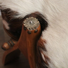 Load image into Gallery viewer, x SOLD Vintage Genuine Cowhide Camel Seat or Saddle Seat, Gilt Brass Mounts, Ottoman or Footstool B11567