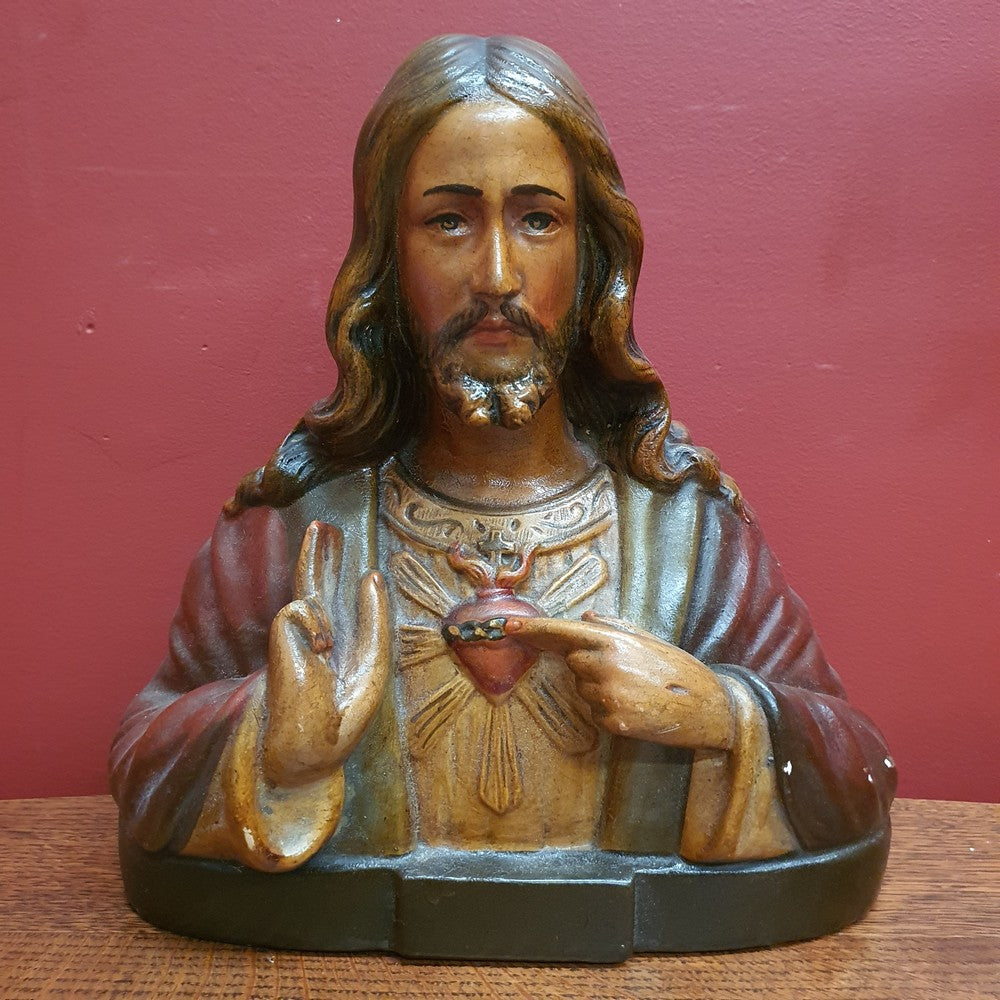 Antique Ceramic-Chalk Bust or plaster Sacred Heart of Jesus Statue or Figurine, Home Worship or Devotion. B11723