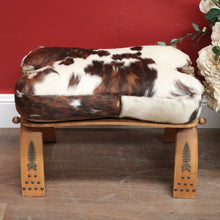 Load image into Gallery viewer, x SOLD Vintage Genuine Cowhide Camel Seat or Saddle Seat, Gilt Brass Mounts, Ottoman or Footstool B11567