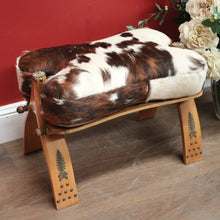 Load image into Gallery viewer, x SOLD Vintage Genuine Cowhide Camel Seat or Saddle Seat, Gilt Brass Mounts, Ottoman or Footstool B11567