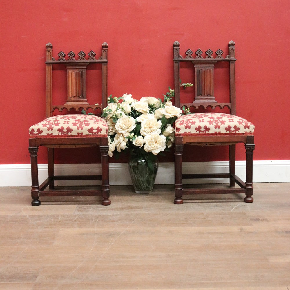 A Pair of Antique French church Chairs, Hall Chairs, Rosewood and Fabric Chairs. B11950