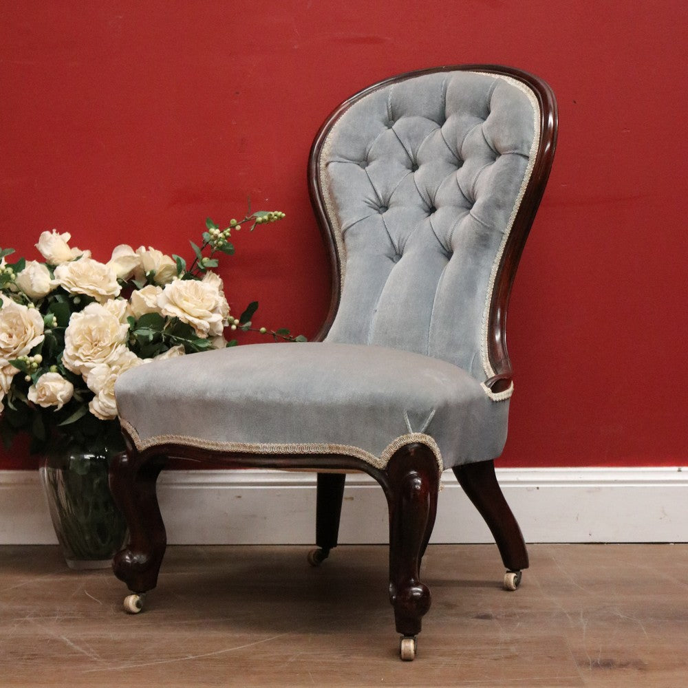Antique Australian Cedar Grandmother Chair, Bedroom Chair or Hall Chair, Blue Velvet Fabric B11768