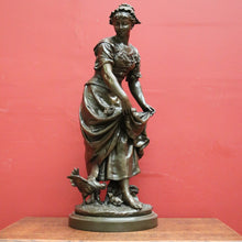 Load image into Gallery viewer, x SOLD Antique French Bronze Spelter Maiden Statue, Gathering Chickens in with Her Dress. B11637
