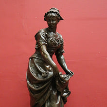 Load image into Gallery viewer, x SOLD Antique French Bronze Spelter Maiden Statue, Gathering Chickens in with Her Dress. B11637