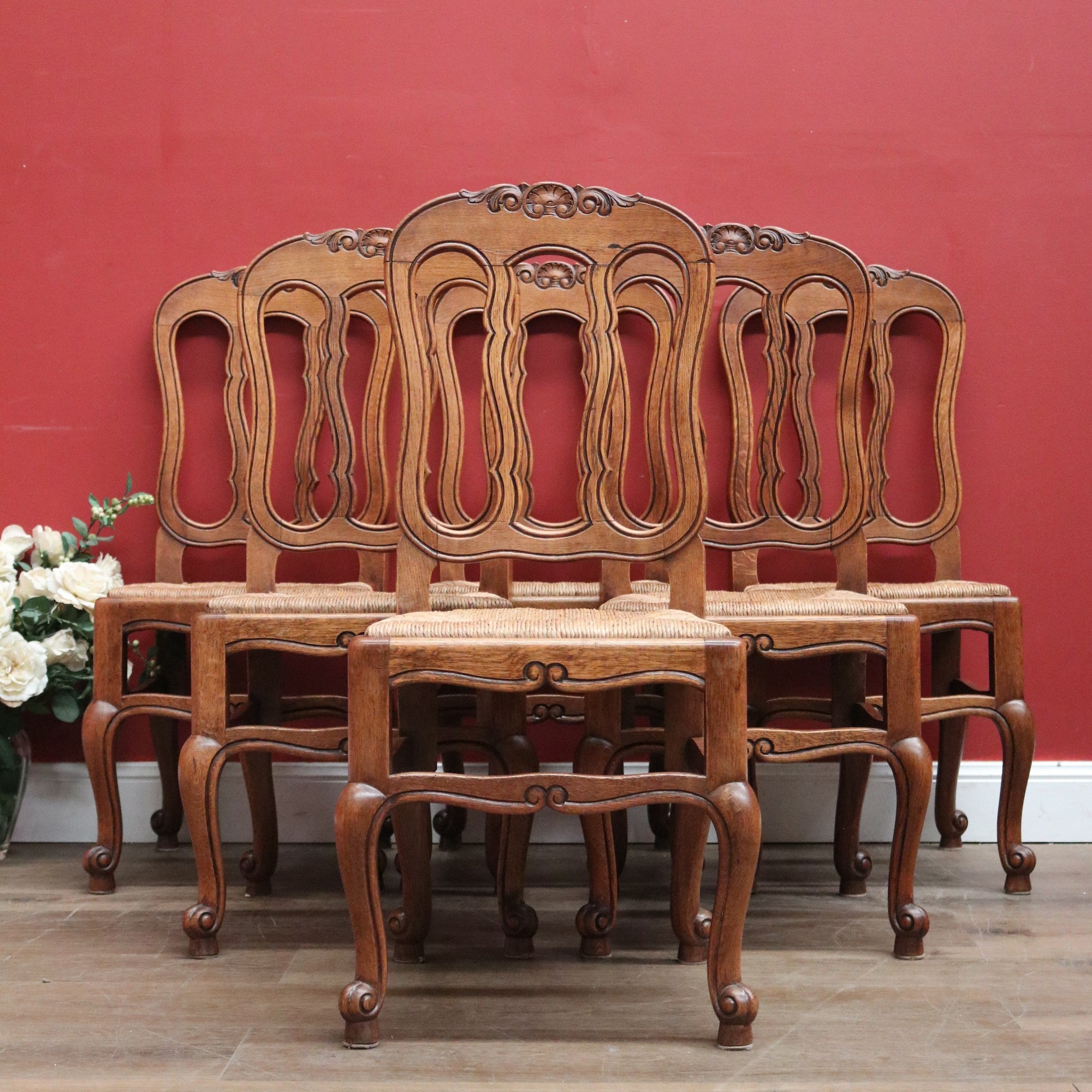 x SOLD A Set of Six Oak and Rush Seat Antique French Chairs