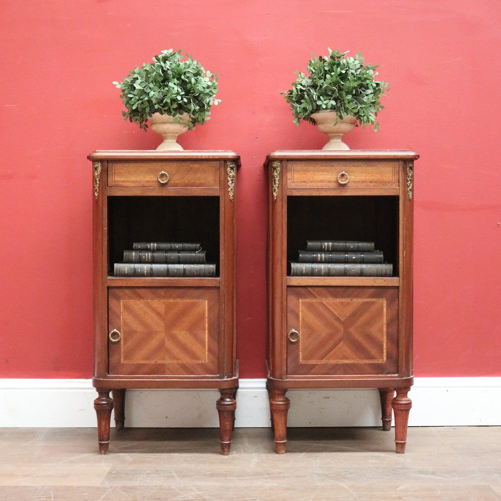 x SOLD A Pair of Antique French Bedside Cabinets or Lamp or Side Tables, Mahogany and Marble. B11961