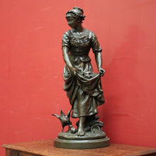 Load image into Gallery viewer, x SOLD Antique French Bronze Spelter Maiden Statue, Gathering Chickens in with Her Dress. B11637