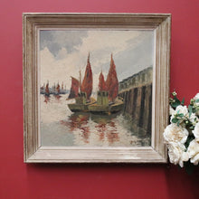 Load image into Gallery viewer, x SOLD Vintage Antique Dutch Painting, Framed Oil on Board, Fishing Boats Ships Docking. B11413