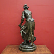 Load image into Gallery viewer, x SOLD Antique French Bronze Spelter Maiden Statue, Gathering Chickens in with Her Dress. B11637