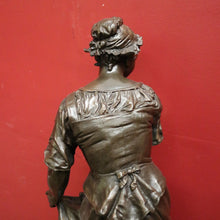 Load image into Gallery viewer, x SOLD Antique French Bronze Spelter Maiden Statue, Gathering Chickens in with Her Dress. B11637