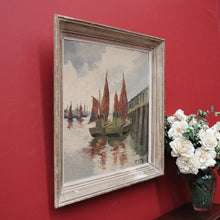 Load image into Gallery viewer, x SOLD Vintage Antique Dutch Painting, Framed Oil on Board, Fishing Boats Ships Docking. B11413