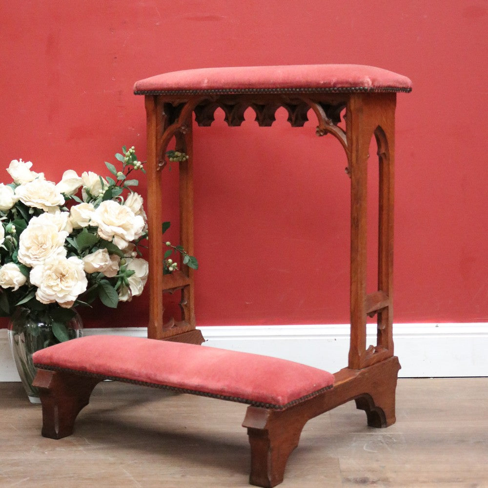 x SOLD Antique French Prayer Chair, Prie Dieu, with Church-themed sides and Rose Velvet Fabric. B11827