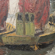 Load image into Gallery viewer, x SOLD Vintage Antique Dutch Painting, Framed Oil on Board, Fishing Boats Ships Docking. B11413