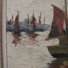 Load image into Gallery viewer, x SOLD Vintage Antique Dutch Painting, Framed Oil on Board, Fishing Boats Ships Docking. B11413