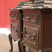 Load image into Gallery viewer, x SOLD Pair of Antique Oak and Black Marble French Bedside Cabinets or Side, Lamp Tables. B11965