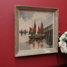 Load image into Gallery viewer, x SOLD Vintage Antique Dutch Painting, Framed Oil on Board, Fishing Boats Ships Docking. B11413