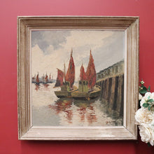 Load image into Gallery viewer, x SOLD Vintage Antique Dutch Painting, Framed Oil on Board, Fishing Boats Ships Docking. B11413