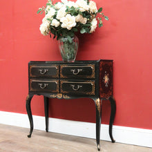 Load image into Gallery viewer, x SOLD Vintage French Black Lacquered Hand Painted Four Drawer Cabinet, Hall Table, Lamp Side Table. B11371