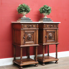 Load image into Gallery viewer, x SOLD Pair of Antique French Walnut and White Marble Bedside Cabinets or Lamp Tables. B 11526