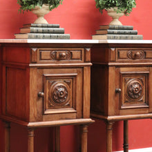 Load image into Gallery viewer, x SOLD Pair of Antique French Walnut and White Marble Bedside Cabinets or Lamp Tables. B 11526