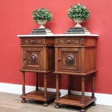 Load image into Gallery viewer, x SOLD Pair of Antique French Walnut and White Marble Bedside Cabinets or Lamp Tables. B 11526