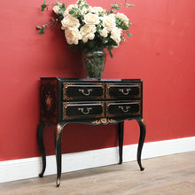 Load image into Gallery viewer, x SOLD Vintage French Black Lacquered Hand Painted Four Drawer Cabinet, Hall Table, Lamp Side Table. B11371