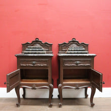 Load image into Gallery viewer, x SOLD Pair of Antique Oak and Black Marble French Bedside Cabinets or Side, Lamp Tables. B11965