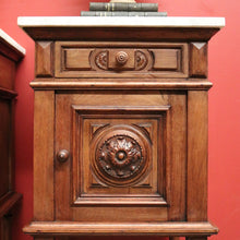 Load image into Gallery viewer, x SOLD Pair of Antique French Walnut and White Marble Bedside Cabinets or Lamp Tables. B 11526