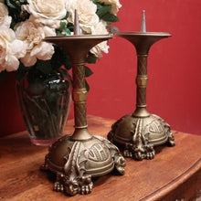 Load image into Gallery viewer, A pair of antique French candlestick holders, brass candle holders, and gargoyle feet. B11963