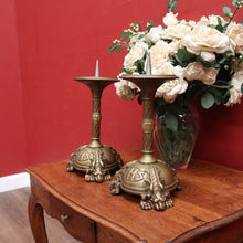 Load image into Gallery viewer, A pair of antique French candlestick holders, brass candle holders, and gargoyle feet. B11963