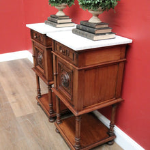 Load image into Gallery viewer, x SOLD Pair of Antique French Walnut and White Marble Bedside Cabinets or Lamp Tables. B 11526