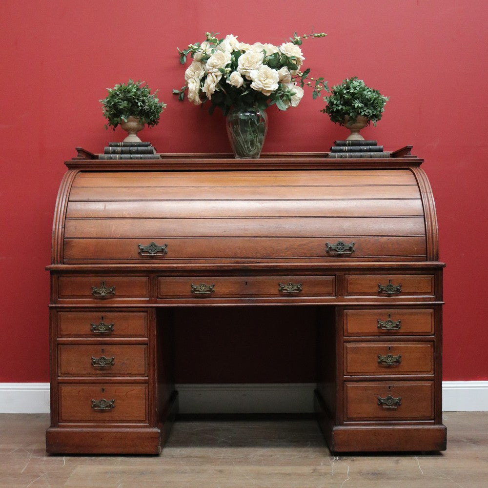 Antique English Roll Top Desk or Barrel Top Desk, Pedestal Office Desk, Leather. B11534