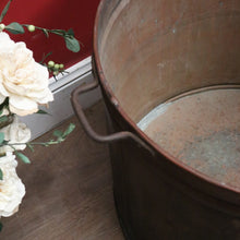 Load image into Gallery viewer, x SOLD Antique French Copper and Forged Iron Drum, Firewood Bucket, Fire Log Bin Handle B11353