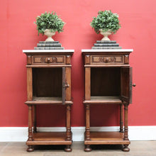 Load image into Gallery viewer, x SOLD Pair of Antique French Walnut and White Marble Bedside Cabinets or Lamp Tables. B 11526
