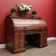 Load image into Gallery viewer, x SOLD Antique English Roll Top Desk or Barrel Top Desk, Pedestal Office Desk, Leather. B11534