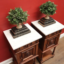 Load image into Gallery viewer, x SOLD Pair of Antique French Walnut and White Marble Bedside Cabinets or Lamp Tables. B 11526