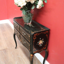 Load image into Gallery viewer, x SOLD Vintage French Black Lacquered Hand Painted Four Drawer Cabinet, Hall Table, Lamp Side Table. B11371