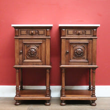 Load image into Gallery viewer, x SOLD Pair of Antique French Walnut and White Marble Bedside Cabinets or Lamp Tables. B 11526