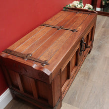 Load image into Gallery viewer, x SOLD Antique French Oak Trunk, Coffee Table, Toy Chest, Hand-forged banding, Lock and Key. B11430