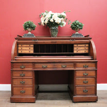 Load image into Gallery viewer, Antique English Roll Top Desk or Barrel Top Desk, Pedestal Office Desk, Leather. B11534
