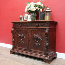 Load image into Gallery viewer, Antique French Oak Sideboard with Carved Drawers and Floral Cupboard Doors. B12655