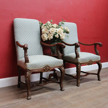 Load image into Gallery viewer, Pair of Antique French Carved Walnut Armchairs with Duck Egg Blue Upholstery. B13058
