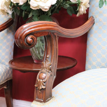 Load image into Gallery viewer, Pair of Antique French Carved Walnut Armchairs with Duck Egg Blue Upholstery. B13058