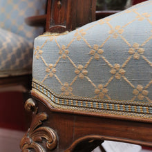 Load image into Gallery viewer, Pair of Antique French Carved Walnut Armchairs with Duck Egg Blue Upholstery. B13058