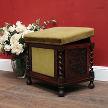 Load image into Gallery viewer, x SOLD Antique English Rosewood and Olive Green Fabric Music Stool or Seat, Tilt Adjustment. B12331