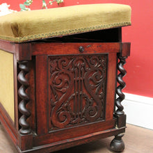 Load image into Gallery viewer, x SOLD Antique English Rosewood and Olive Green Fabric Music Stool or Seat, Tilt Adjustment. B12331