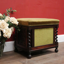 Load image into Gallery viewer, x SOLD Antique English Rosewood and Olive Green Fabric Music Stool or Seat, Tilt Adjustment. B12331