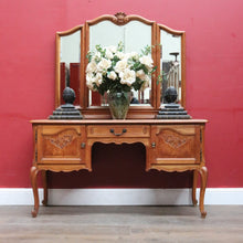 Load image into Gallery viewer, Vintage French Oak Three Panel Dressing Mirror with Carved Shell Detail. B12759