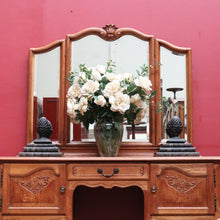 Load image into Gallery viewer, Vintage French Oak Three Panel Dressing Mirror with Carved Shell Detail. B12759